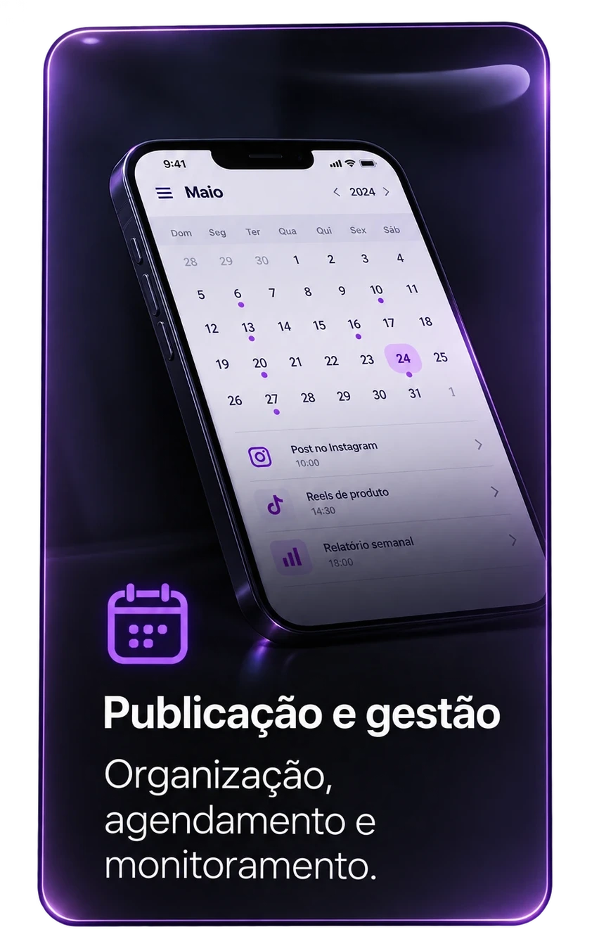 Publicação e gestão — Organização, agendamento e monitoramento.